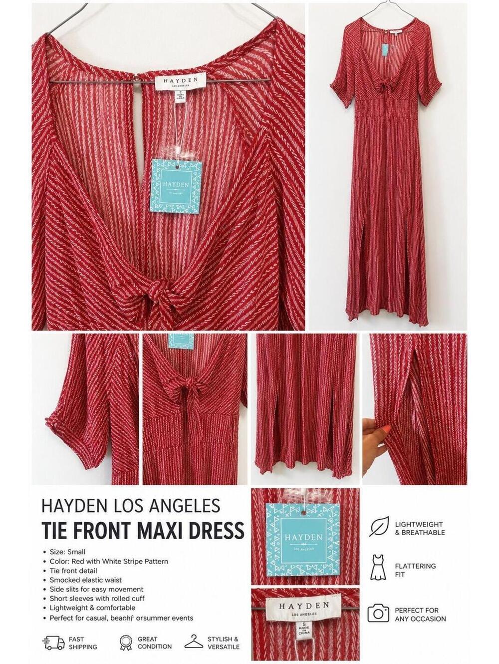Hayden Los Angeles Red Boho Tie Front Maxi Dress Small NWT Side Slit